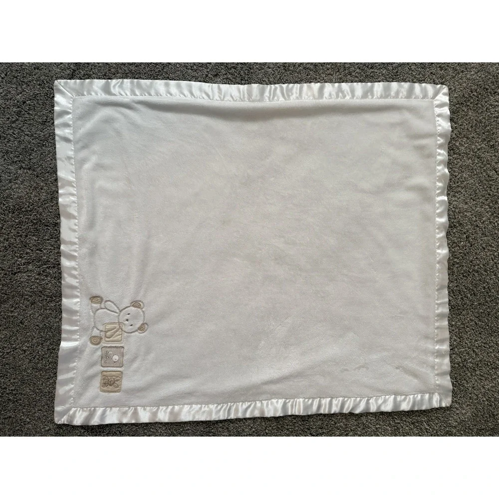Carter's White Baby Blanket Teddy Bear Bunny Duck Blocks Satin  28x32
